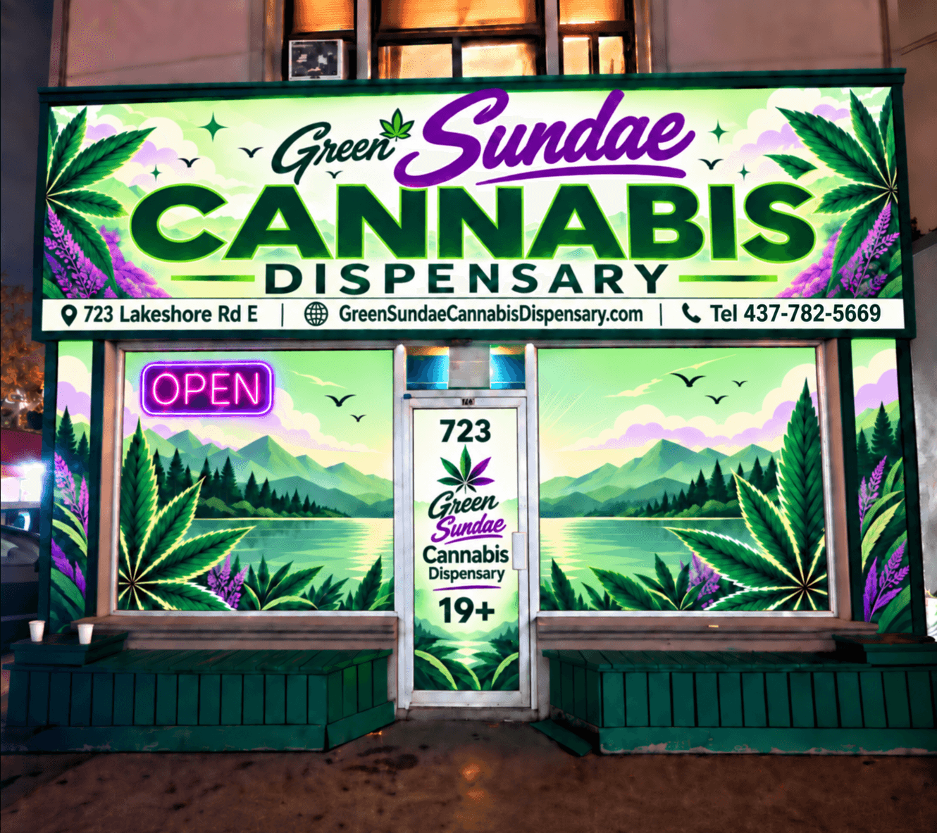 Green Sundae Cannabis Dispensary storefront at 723 Lakeshore Rd E
